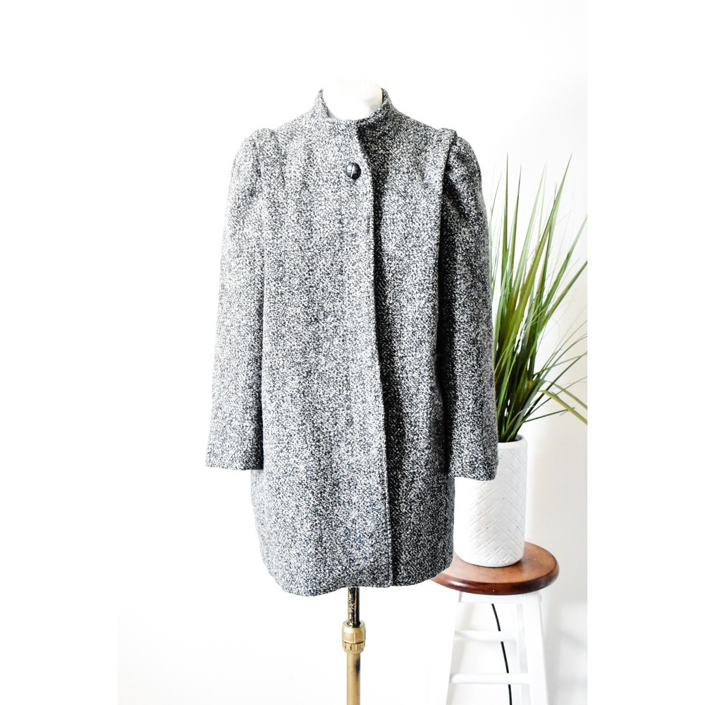 Bert Newman Petite Coat Women 4 Grey Vintage 80s Tweed Mock Neck Puff Shoulder
